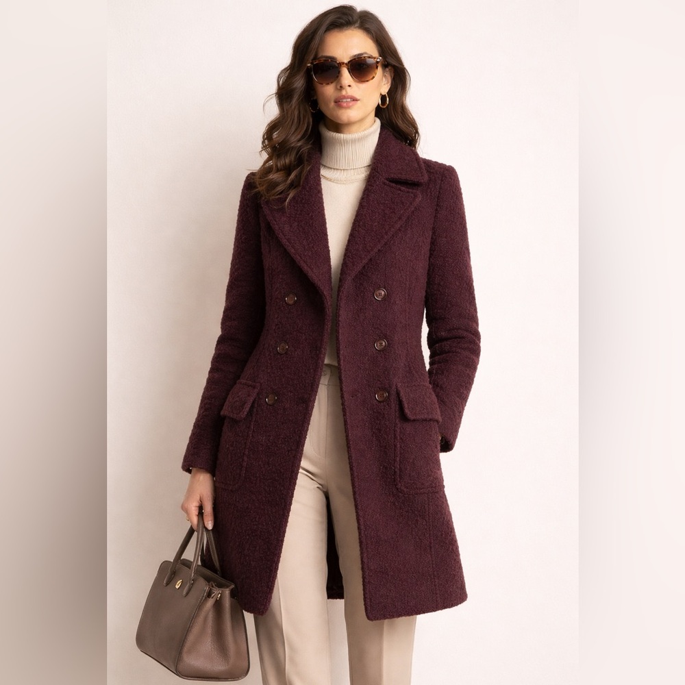 GALLERY Bouclé Wool Blend‎ Coat – Dark Purple Double-Breasted Peacoat | Size 8